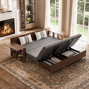 Modern storage sofa bed in grey fabric with smooth clean lines, front view